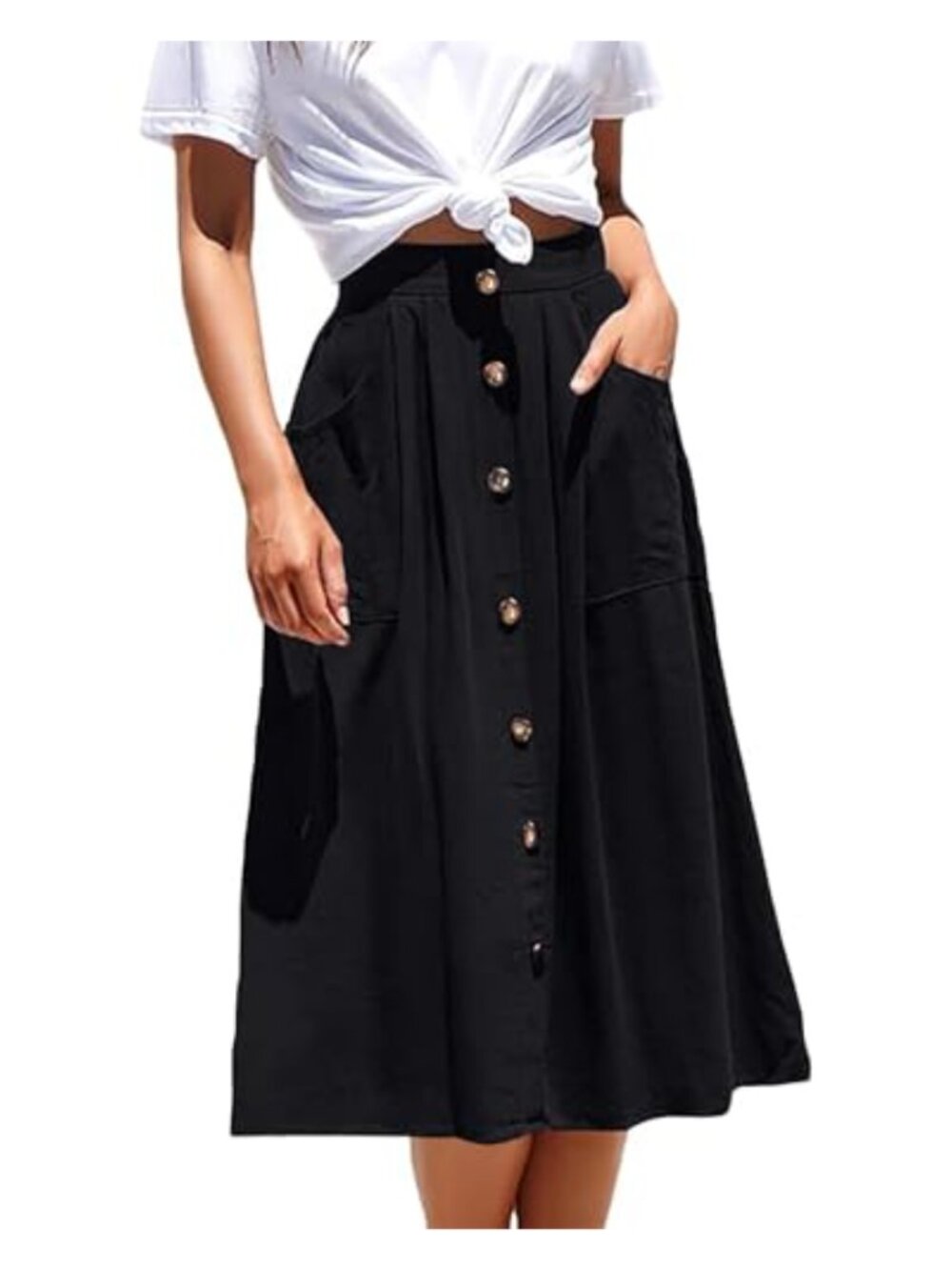 Women's High Waist Pleated Midi Skirt A-Line Flared with Pockets Casual